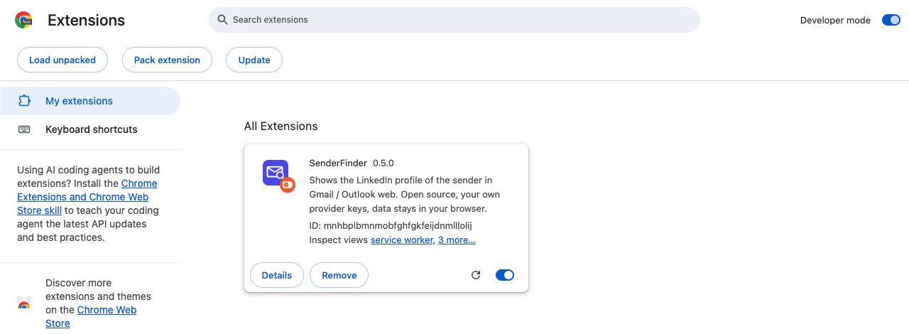 Chrome's extensions page with developer mode switched on: the Load unpacked, Pack extension and Update buttons above the SenderFinder card.