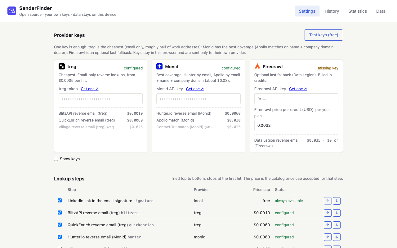 The SenderFinder settings page: provider key fields for Monid, treg and Firecrawl, the Test keys button and the lookup steps table.