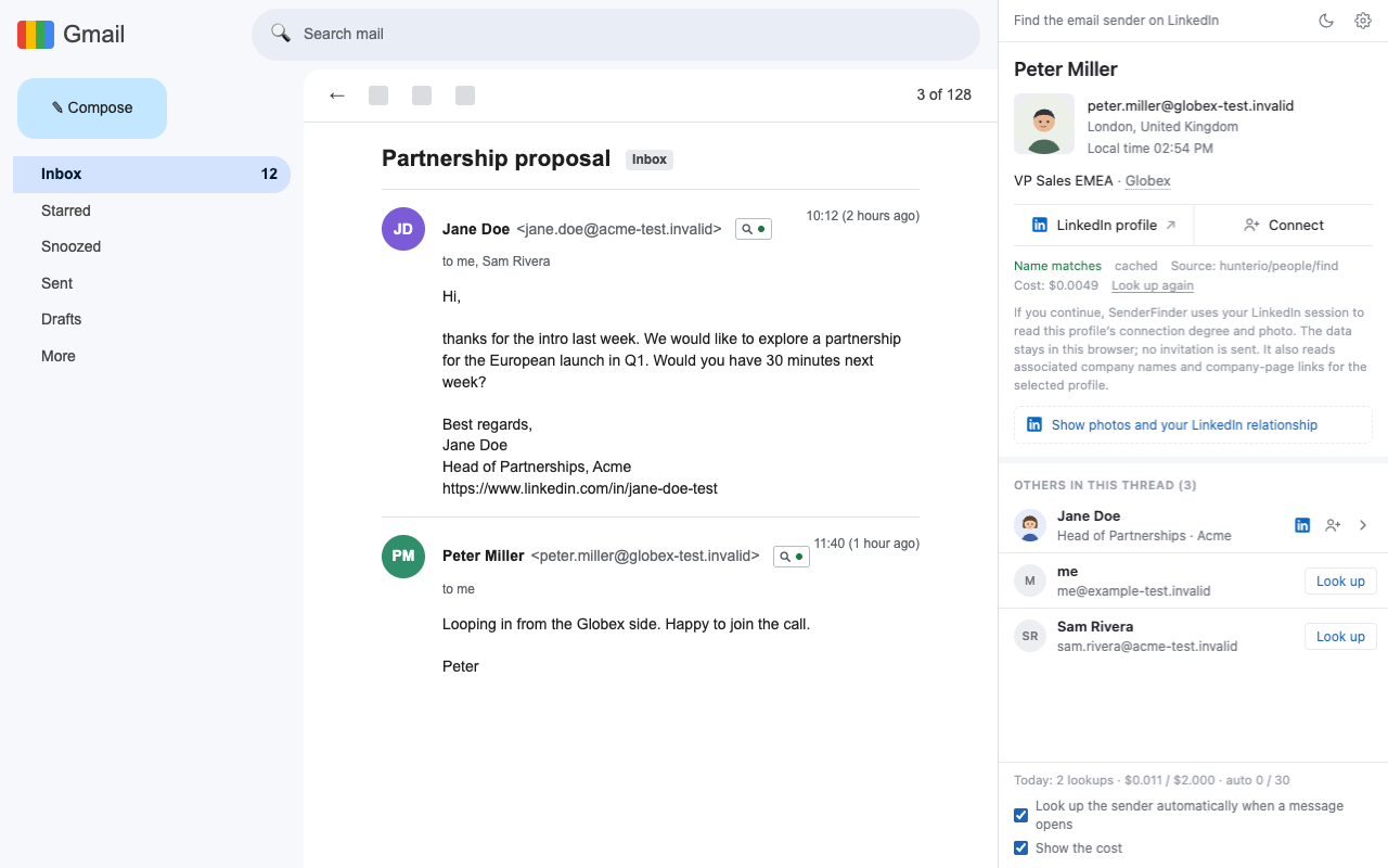 Gmail with the SenderFinder side panel: the other people in a thread are listed with the lookup button next to each of them.